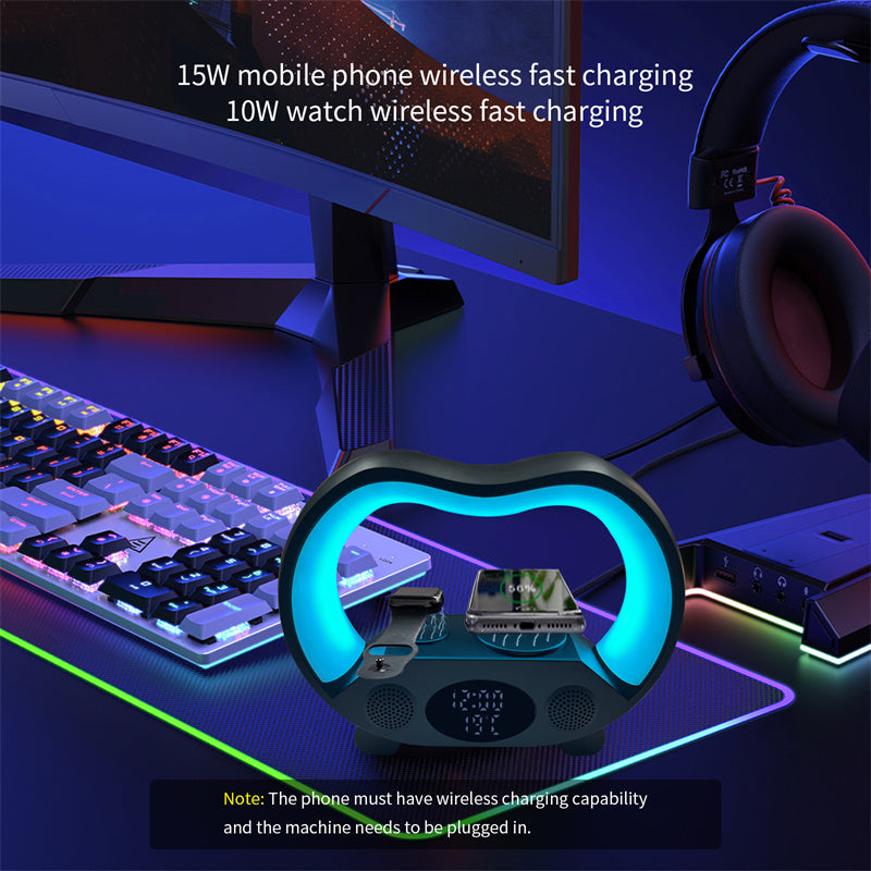 مصباح LED ذكي 6 في 1 مع شاحن لاسلكي وسماعة بلوتوث وتحكم عن بعد | New 6 In 1 Smart Remote Control Bluetooth-compatible Ambience Intelligent LED Table Lamp Multi-function Wireless Charger Night Light Bluetooth-compatible Speaker