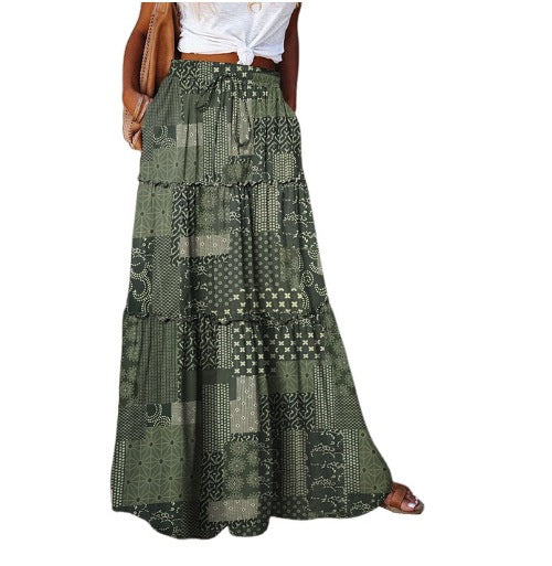 تنورة بوهيمية فضفاضة مطبوعة عالية الخصر | Bohemian-style Loose Casual Printed High-waisted Skirt