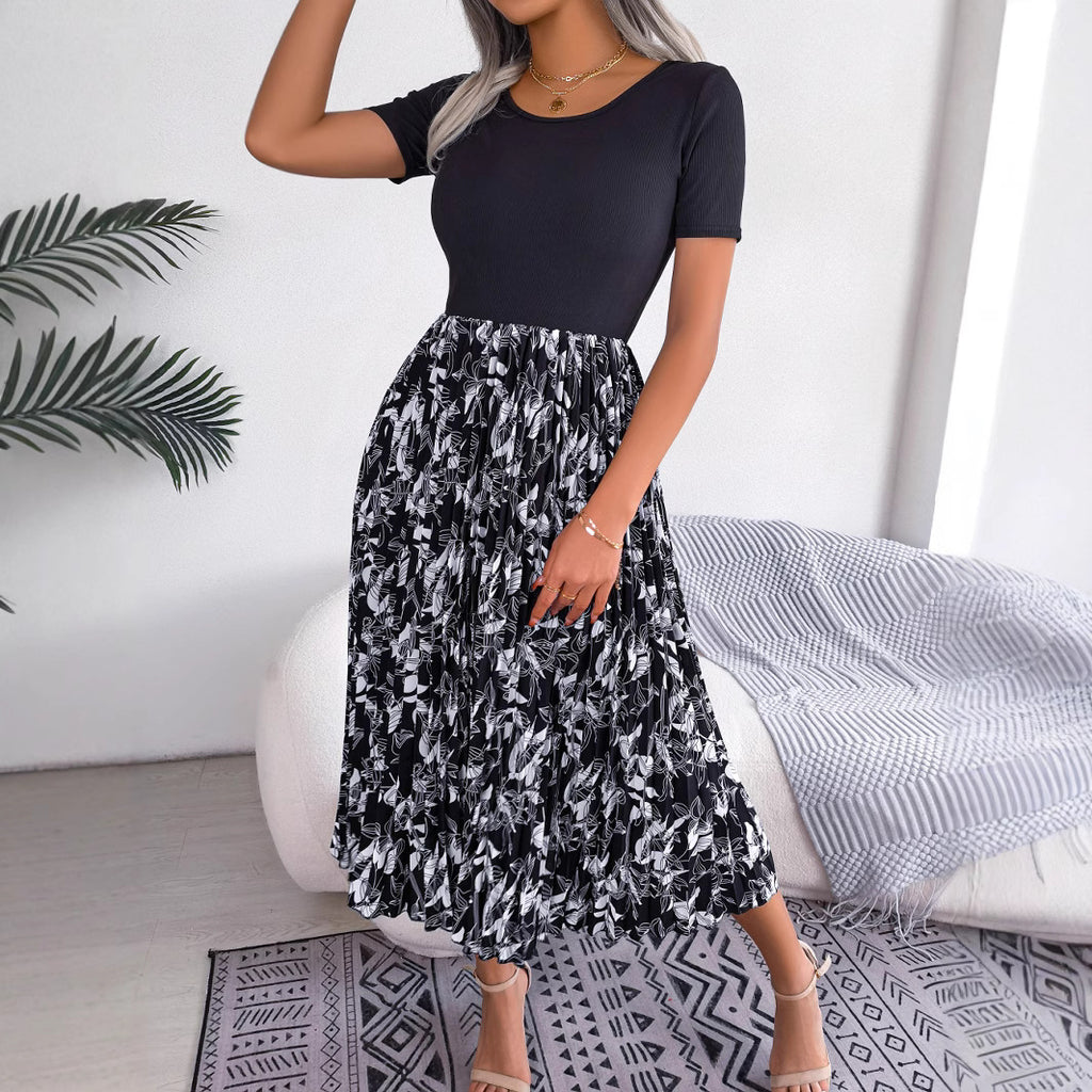 فستان نسائي كاجوال بطبعة أوراق عالي الخصر مطوي | Womens Casual Leaf-Print High-Waisted Pleated Midi Dress