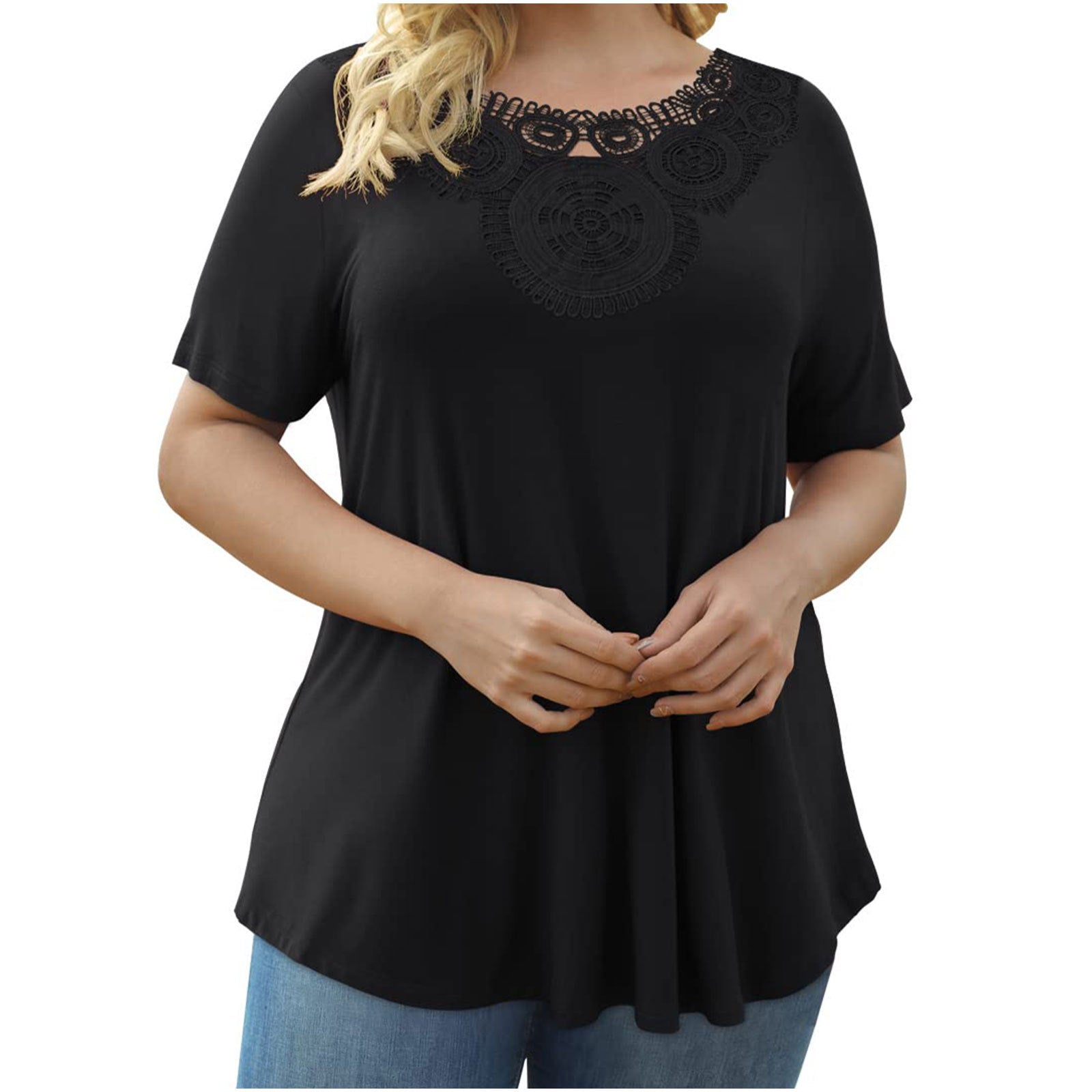 توب نسائي مقاس كبير بأكمام قصيرة ودانتيل مطوي | Women's Plus Size Short Sleeve Pullover Lace Pleated T-shirt Waist Top