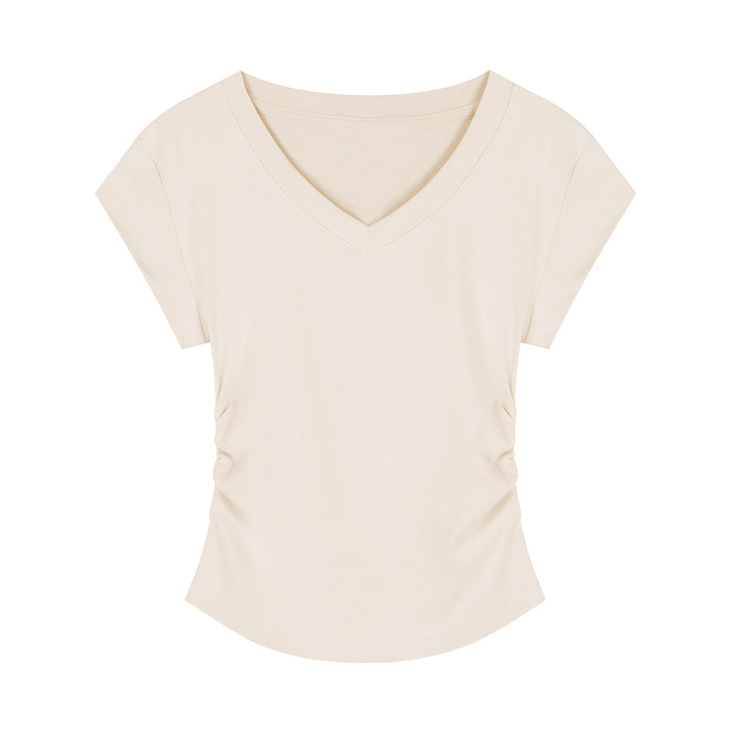 تيشيرت نسائي بياقة V وأكمام قصيرة | V-neck Short-sleeved Shoulder T-shirt Design Tight Waist Bottoming Shirt