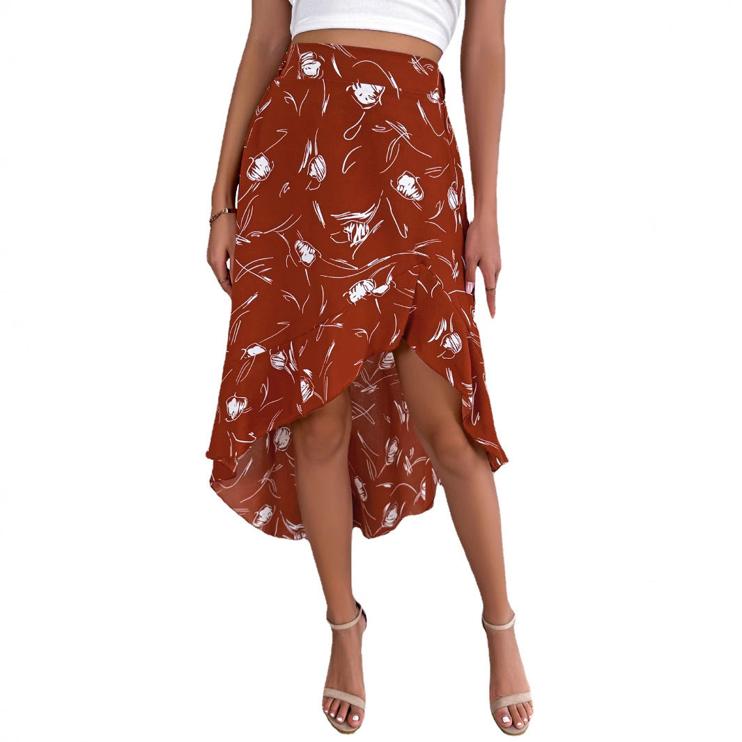 تنورة نسائية كاجوال متوسطة الطول بطبعة زهور وحافة مكشكشة | Womens Casual Mid-Length Skirt With Floral Print And Ruffled Hem