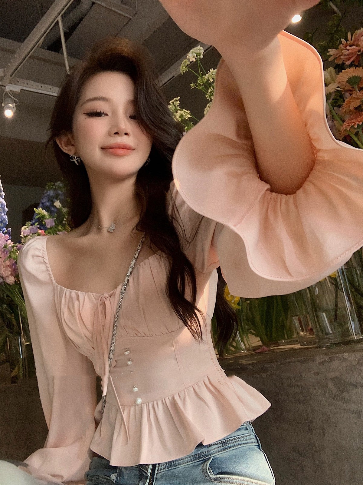 قميص نسائي فرنسي أنيق بياقة مربعة | French Beautiful Small Shirt With Square Collar And Waist Up Top