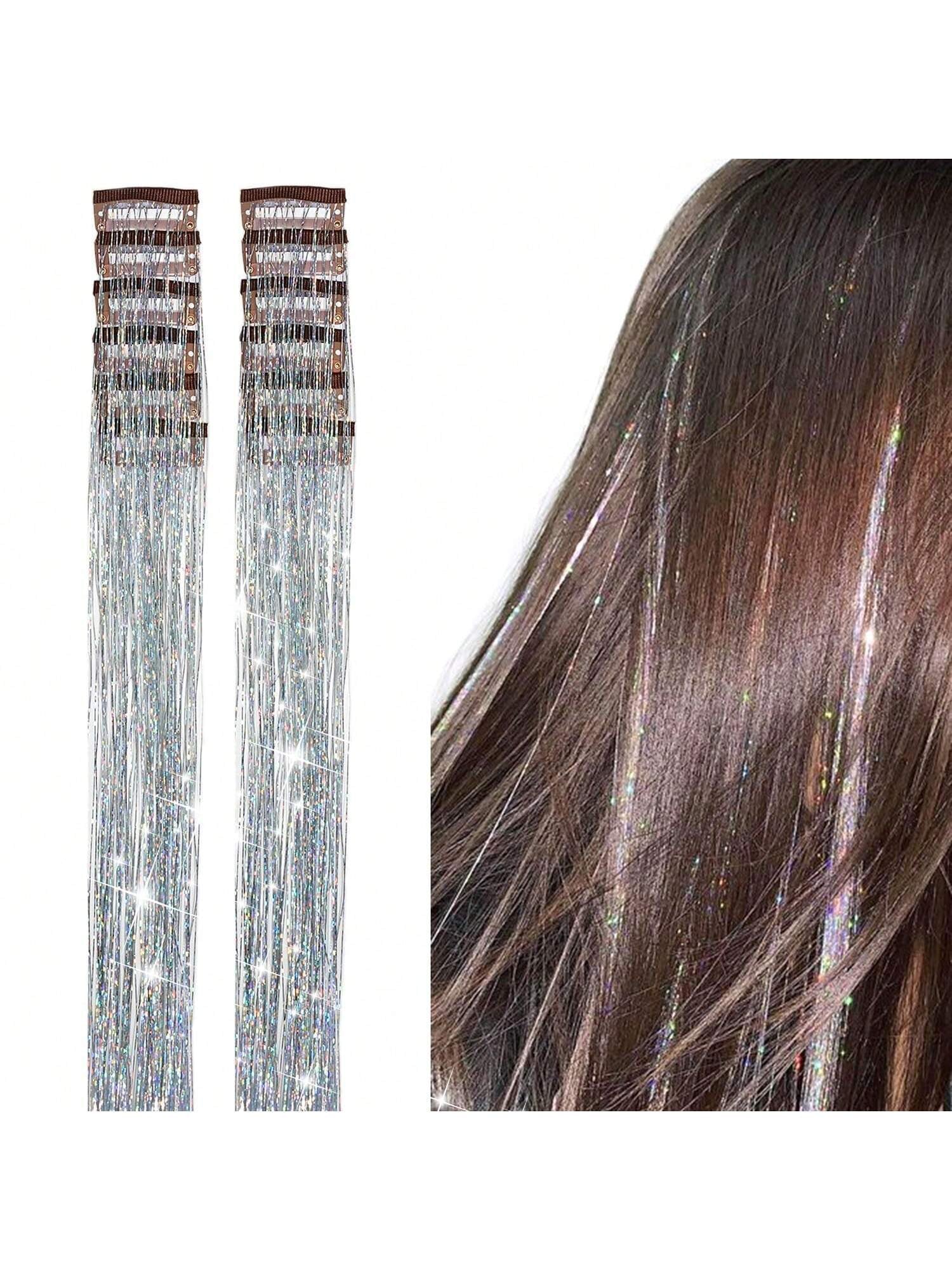 6Pcs Shiny Hair Clips, 23.6 Inch Sequin Hair Clips, Heat Resistant Shiny Fairy Hair Accessories Set, Suitable for Women (Silver)