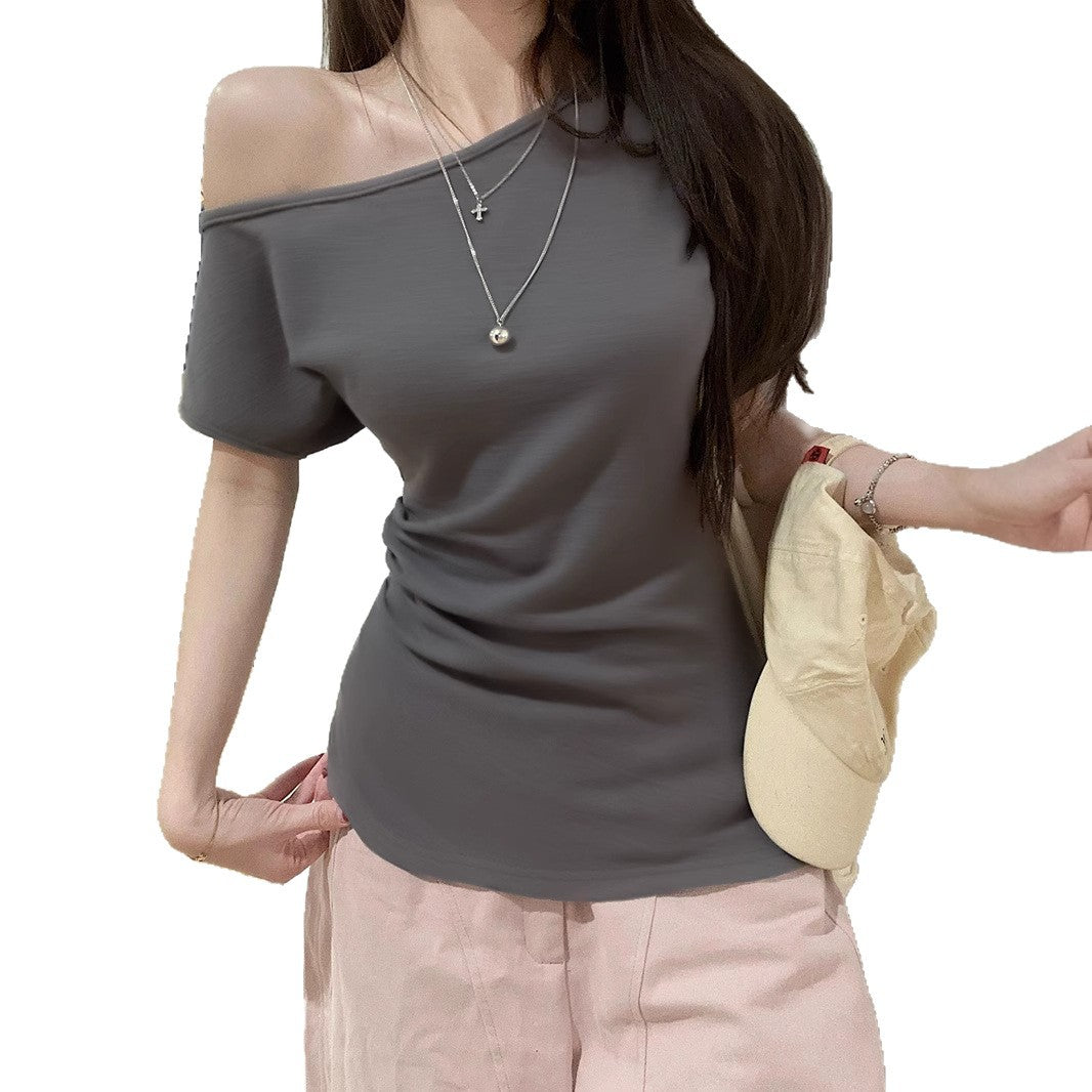 قميص نسائي بأكمام قصيرة بكتف مكشوف | Women's Short-sleeved T-shirt Off-the-shoulder Fitted Waist Top