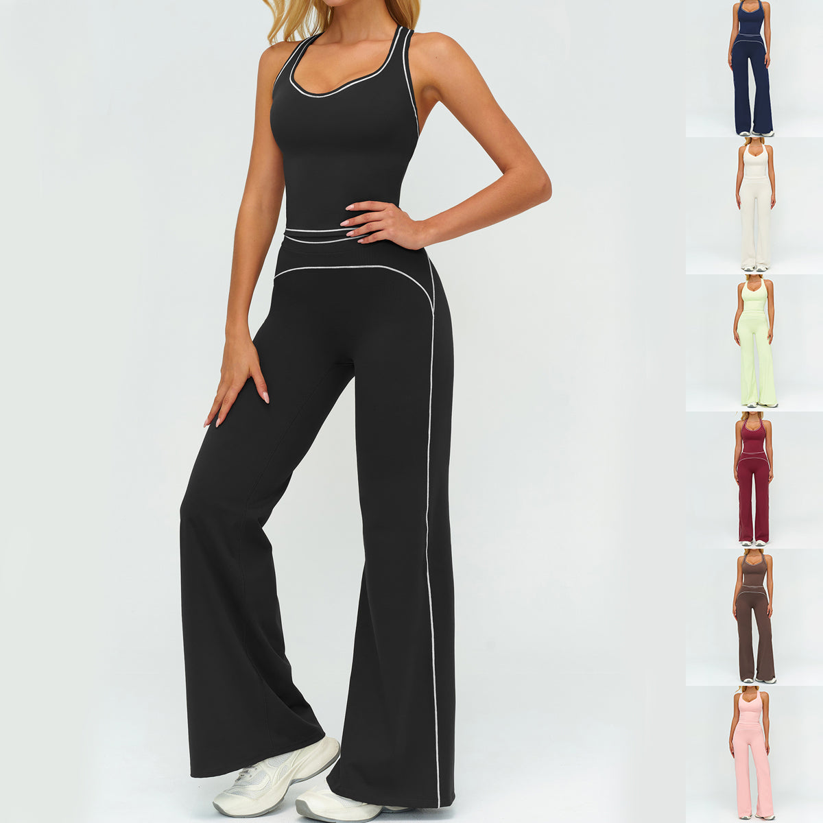 طقم يوغا نسائي بتوب بياقة V بدون أكمام وبنطال مستقيم صيفي | Womens Yoga Set V-neck Sleeveless Tops And Slim Straight Pants Summer Gym Sports