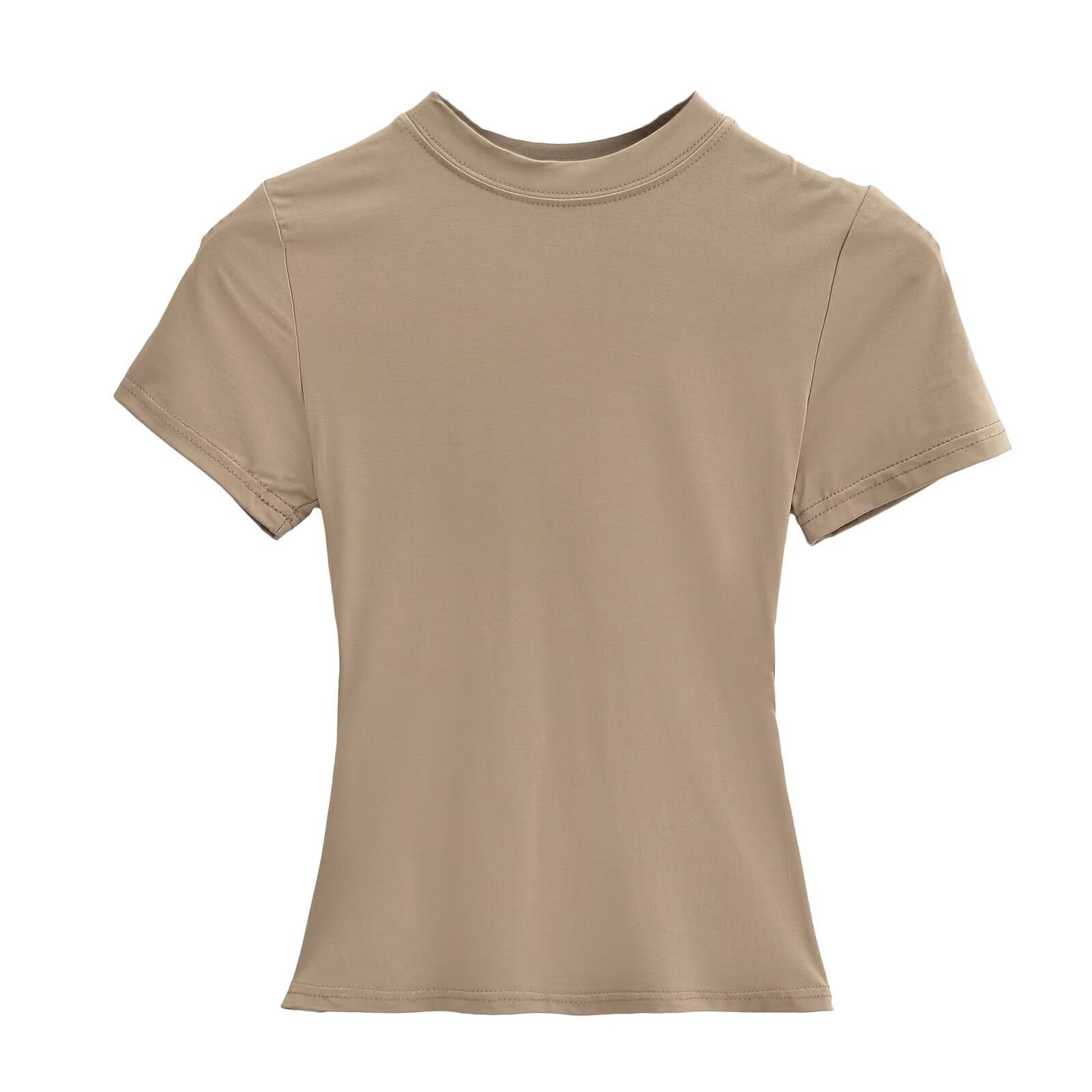 تيشيرت نسائي بياقة مستديرة وأكمام قصيرة | Solid Color Small Round Neck Elastic Shoulder Short Sleeve T-shirt