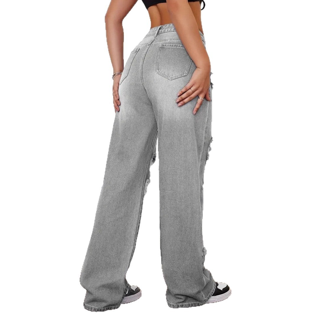 جينز نسائي ممزق ومغسول | Trendy Washed Ripped Straight Jeans For Women