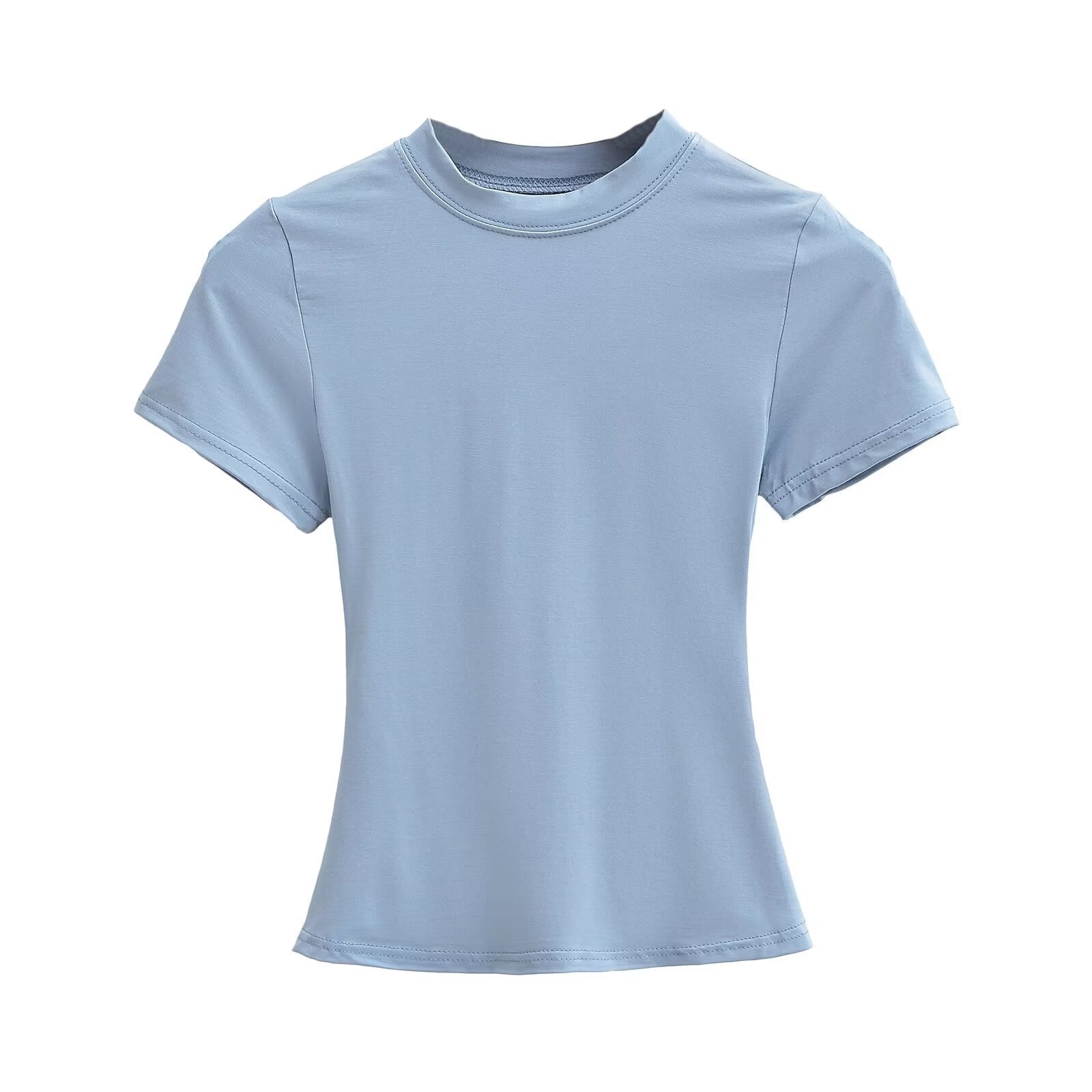 تيشيرت نسائي بياقة مستديرة وأكمام قصيرة | Solid Color Small Round Neck Elastic Shoulder Short Sleeve T-shirt