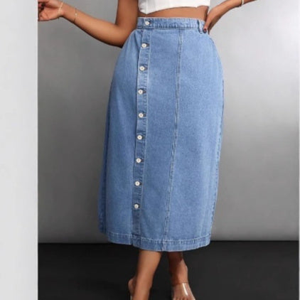 تنورة جينز نسائية أنيقة مقاس كبير بأزرار أمامية | Womens Stylish Plus-Size Denim Skirt With Button Front