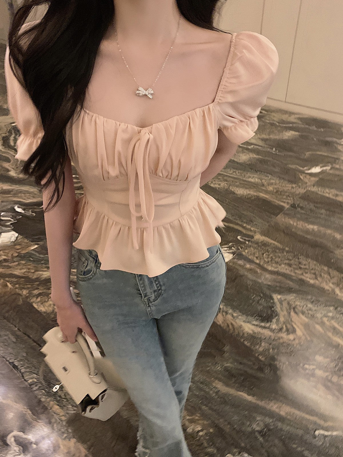 قميص نسائي فرنسي أنيق بياقة مربعة | French Beautiful Small Shirt With Square Collar And Waist Up Top