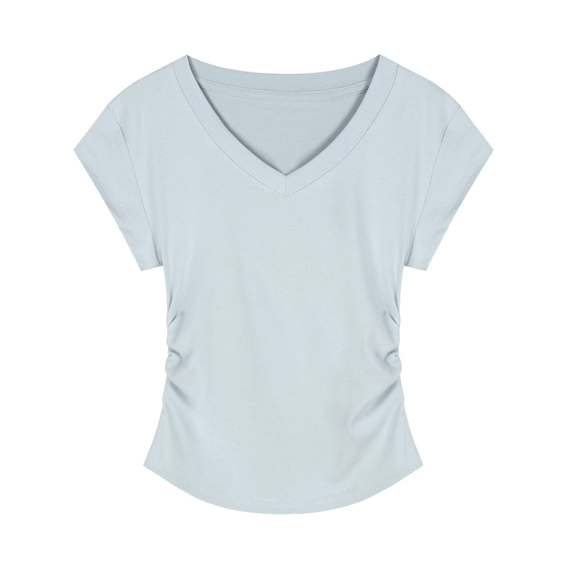تيشيرت نسائي بياقة V وأكمام قصيرة | V-neck Short-sleeved Shoulder T-shirt Design Tight Waist Bottoming Shirt