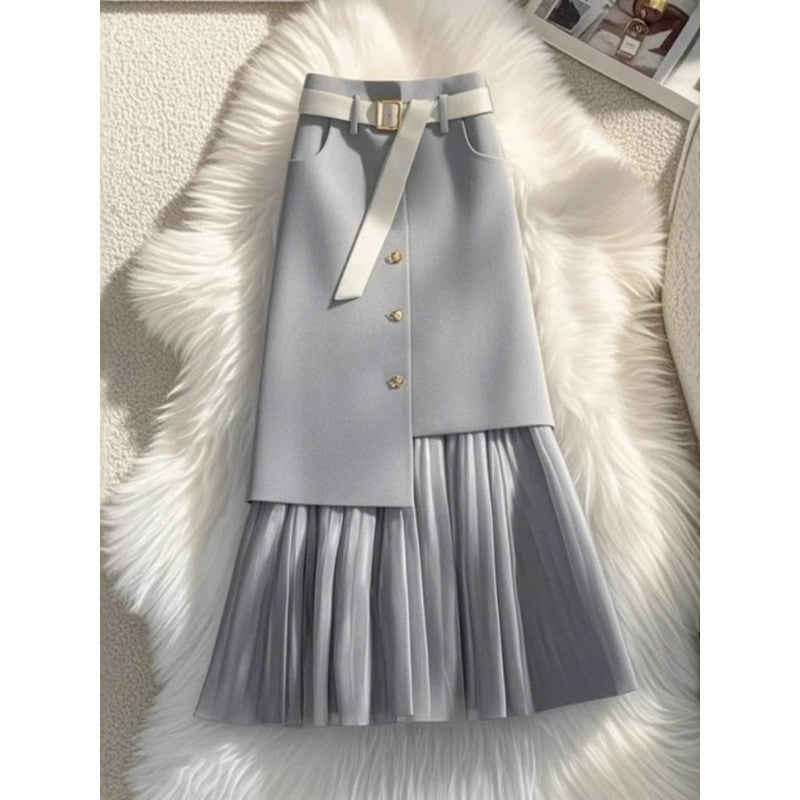 تنورة نسائية مستقيمة متوسطة الطول بتصميم رمادي | Womens Mid-Length Straight Skirt With Gray Patchwork Design