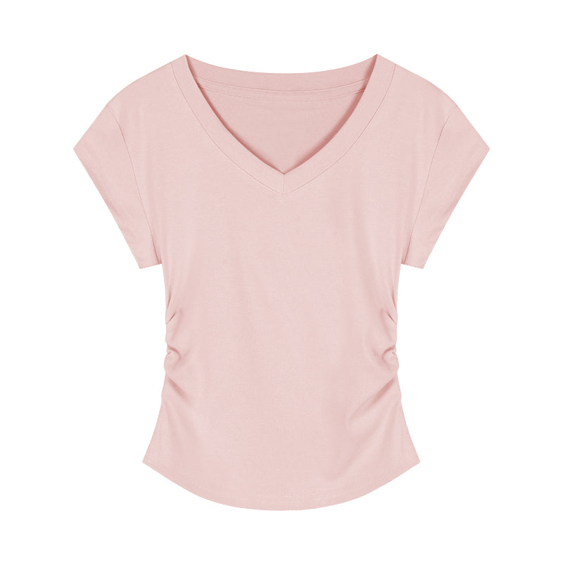 تيشيرت نسائي بياقة V وأكمام قصيرة | V-neck Short-sleeved Shoulder T-shirt Design Tight Waist Bottoming Shirt