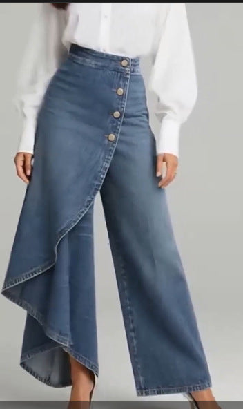 بنطلون نسائي أنيق بأزرار كبيرة | Unique Straight-leg Ruffled Buttons Faux Jeans Women