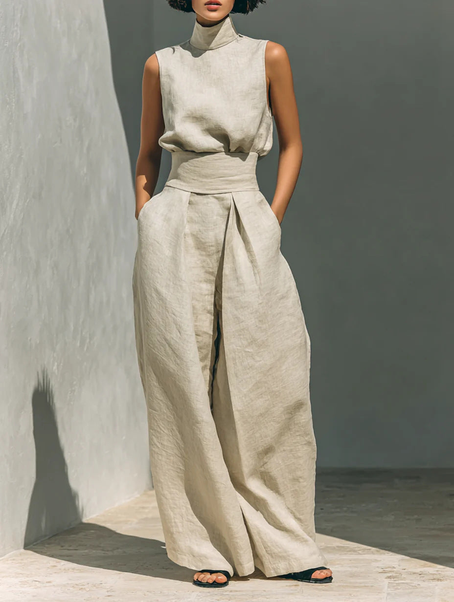 بدلة صيفية كاجوال بدون أكمام بياقة واقفة مع بنطال فضفاض | Casual Sleeveless Suit Summer Stand-up Collar Pullover Top And Loose Straight-leg Trousers