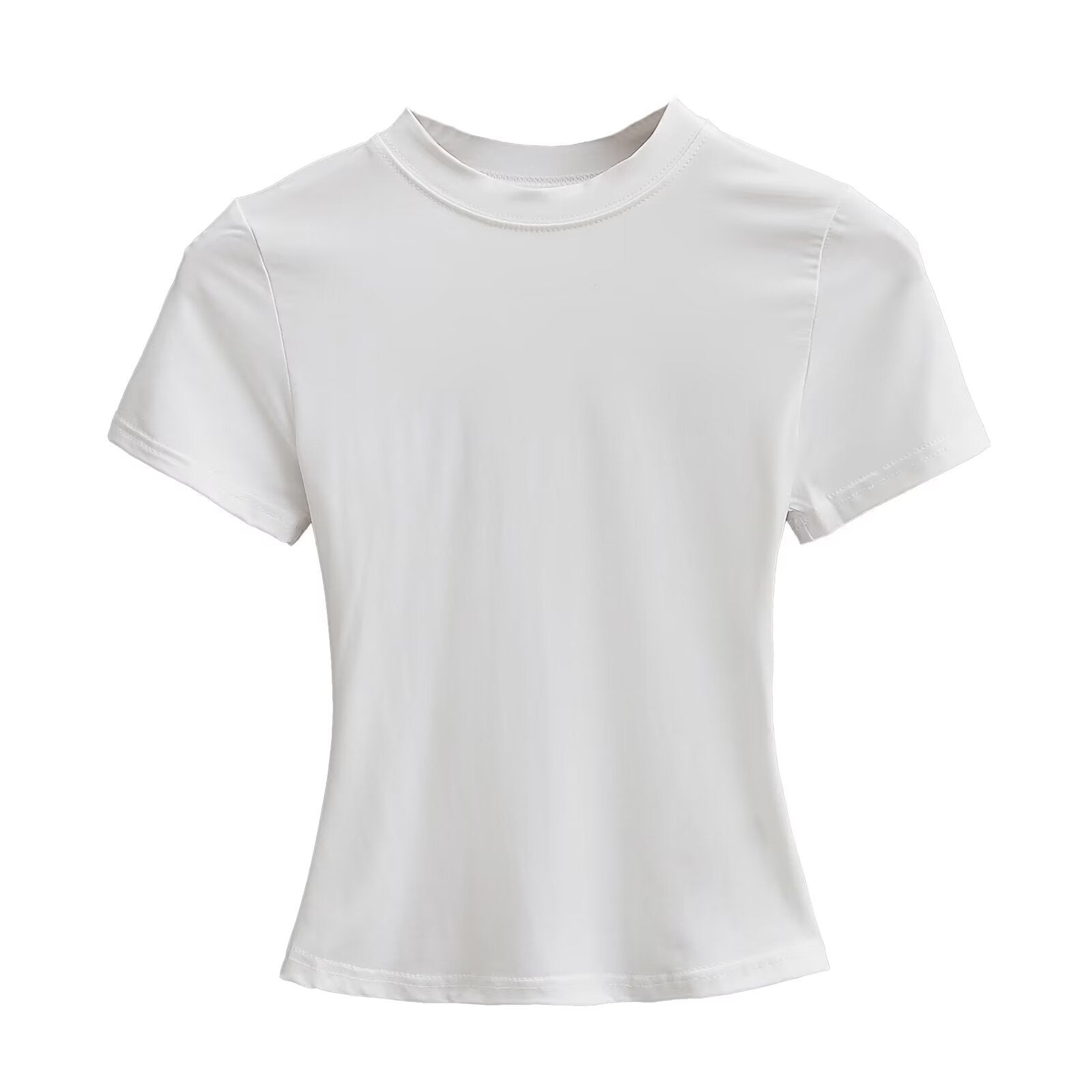 تيشيرت نسائي بياقة مستديرة وأكمام قصيرة | Solid Color Small Round Neck Elastic Shoulder Short Sleeve T-shirt