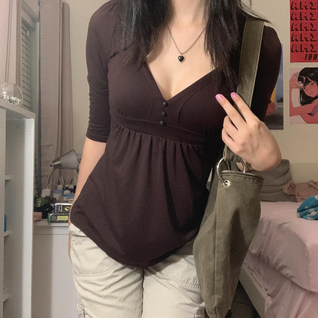 قميص صيفي بياقة V ولون سادة | Summer Pure Color Tight Casual Waist Tight V-neck Pullover Top