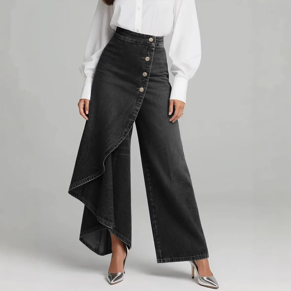 بنطلون نسائي أنيق بأزرار كبيرة | Unique Straight-leg Ruffled Buttons Faux Jeans Women