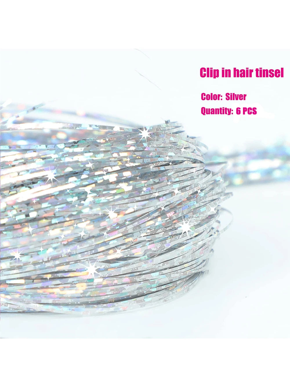 6Pcs Shiny Hair Clips, 23.6 Inch Sequin Hair Clips, Heat Resistant Shiny Fairy Hair Accessories Set, Suitable for Women (Silver)