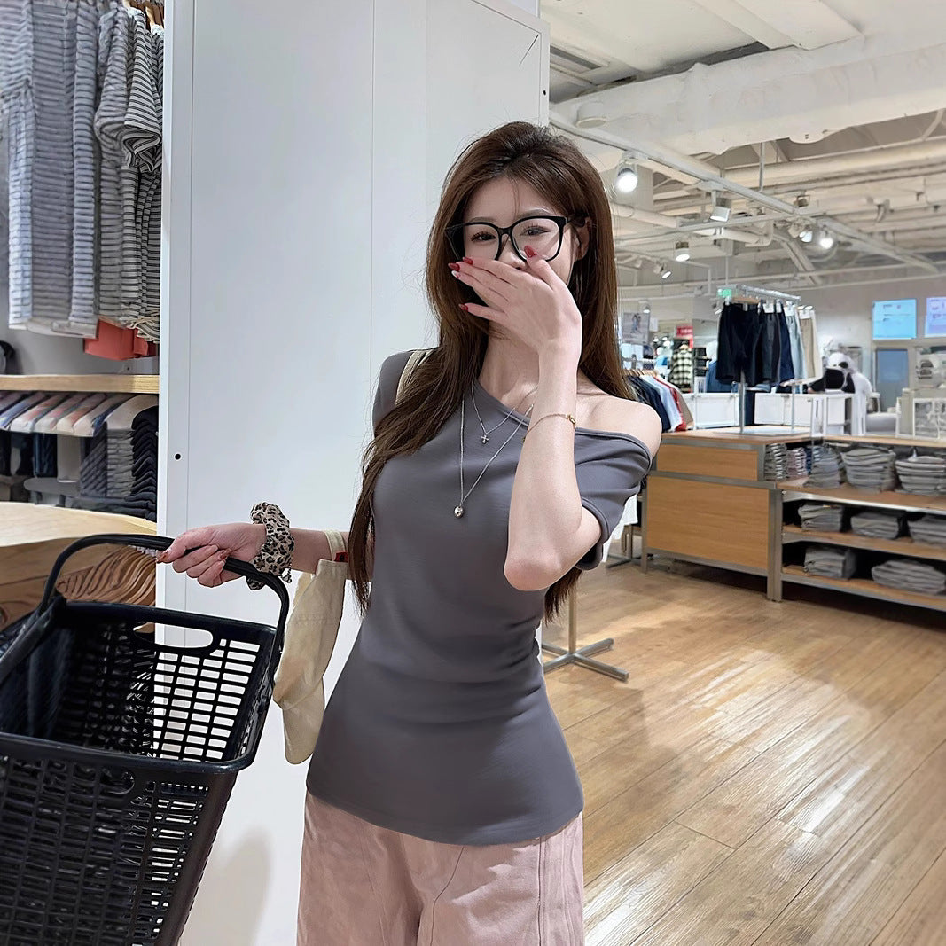 قميص نسائي بأكمام قصيرة بكتف مكشوف | Women's Short-sleeved T-shirt Off-the-shoulder Fitted Waist Top
