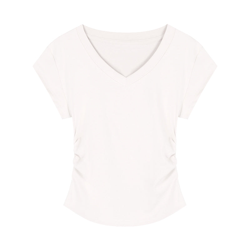 تيشيرت نسائي بياقة V وأكمام قصيرة | V-neck Short-sleeved Shoulder T-shirt Design Tight Waist Bottoming Shirt