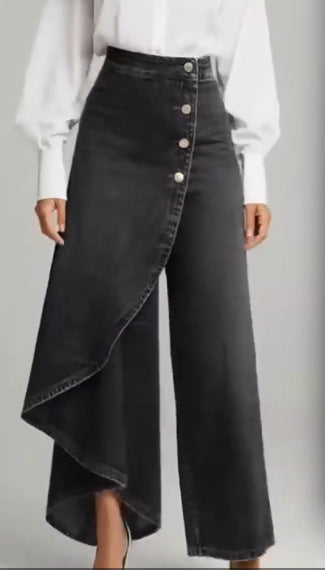 بنطلون نسائي أنيق بأزرار كبيرة | Unique Straight-leg Ruffled Buttons Faux Jeans Women