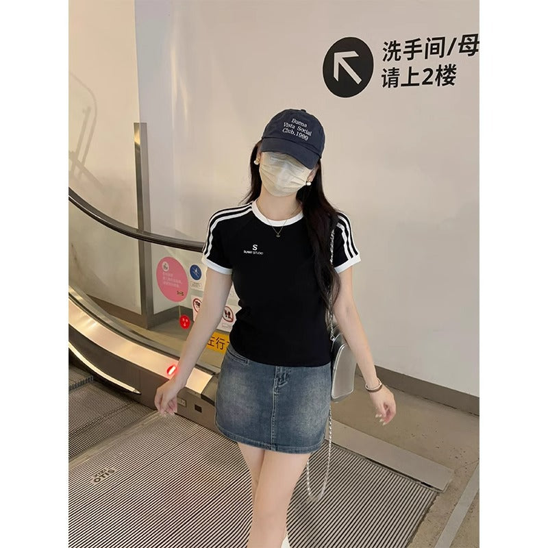 تيشيرت نسائي مطرز بياقة مستديرة | Female Bm Hot Girl Waist Embroidered Crew Neck Short Sleeve T-shirt Top