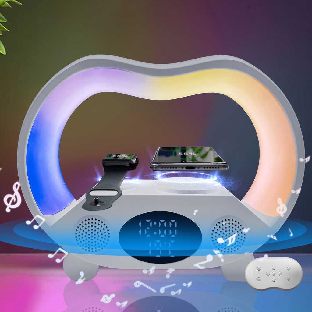 مصباح LED ذكي 6 في 1 مع شاحن لاسلكي وسماعة بلوتوث وتحكم عن بعد | New 6 In 1 Smart Remote Control Bluetooth-compatible Ambience Intelligent LED Table Lamp Multi-function Wireless Charger Night Light Bluetooth-compatible Speaker