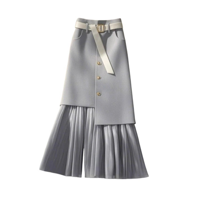 تنورة نسائية مستقيمة متوسطة الطول بتصميم رمادي | Womens Mid-Length Straight Skirt With Gray Patchwork Design