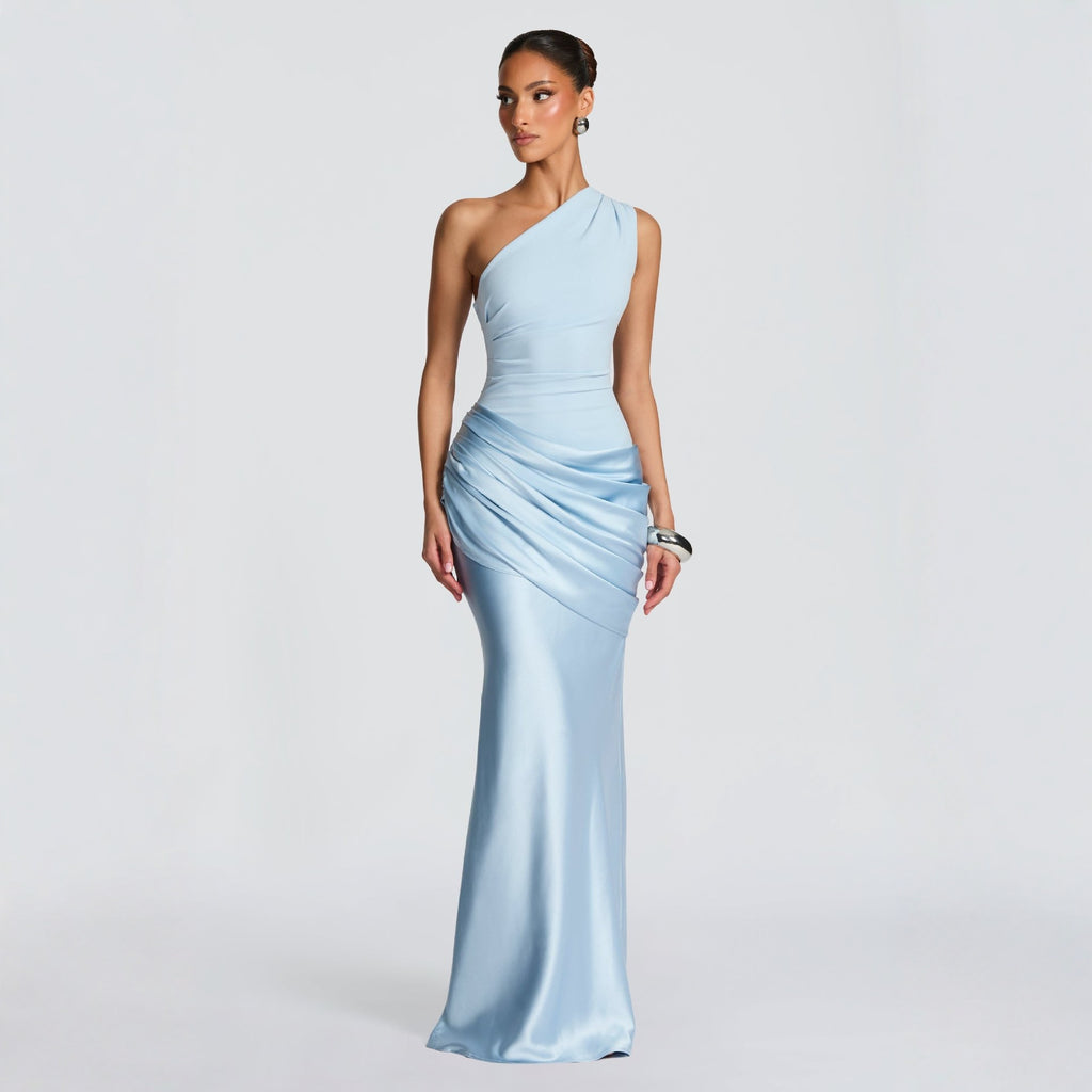 فستان ماكسي بكتف مكشوف وجسم ضيق بلون سادة بدون أكمام لحفلات المساء | Slim Off-shoulder Bodycon Maxi Dress Solid Color Sleeveless Evening Party Gown