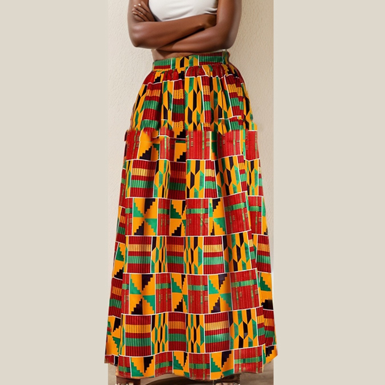 تنورة بطبعة أفريقية بجيوب | African-print A-line Skirt With Pockets