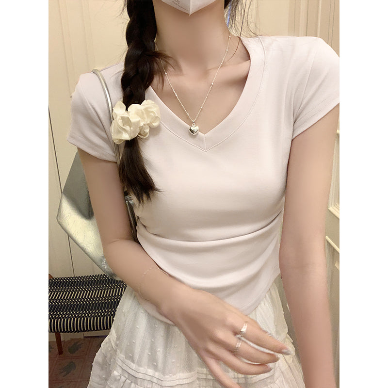 تيشيرت نسائي بياقة V وأكمام قصيرة | V-neck Short-sleeved Shoulder T-shirt Design Tight Waist Bottoming Shirt