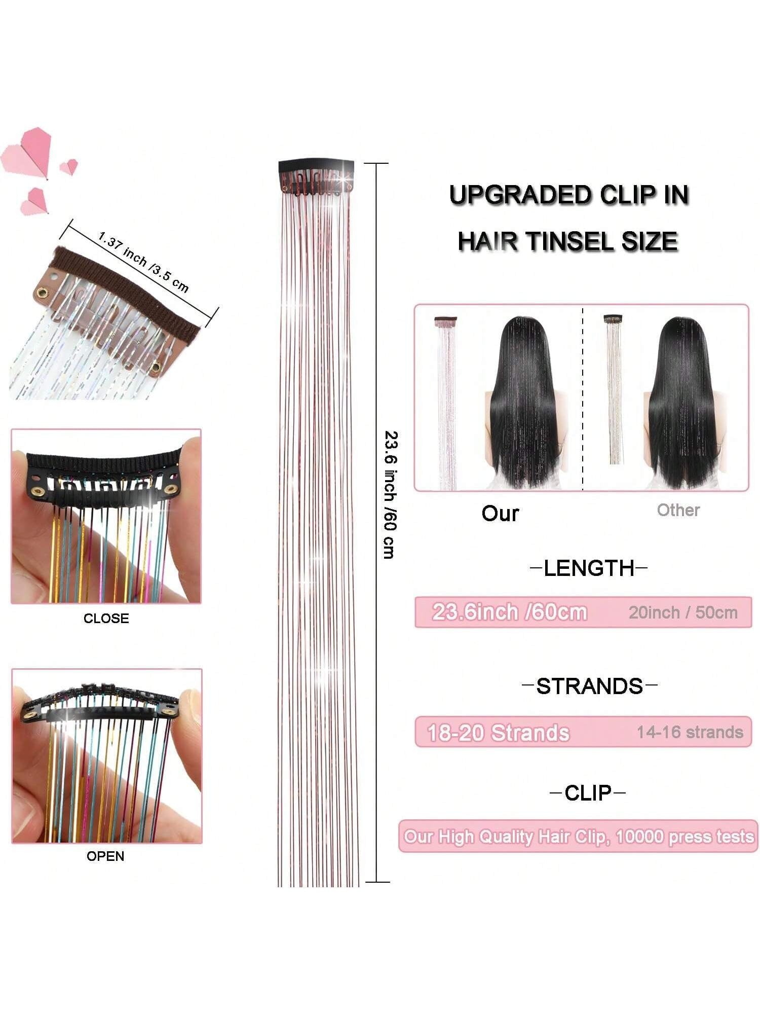 6Pcs Shiny Hair Clips, 23.6 Inch Sequin Hair Extensions Clips, Heat Resistant Glitter Hair Accessories, for Women (Red)