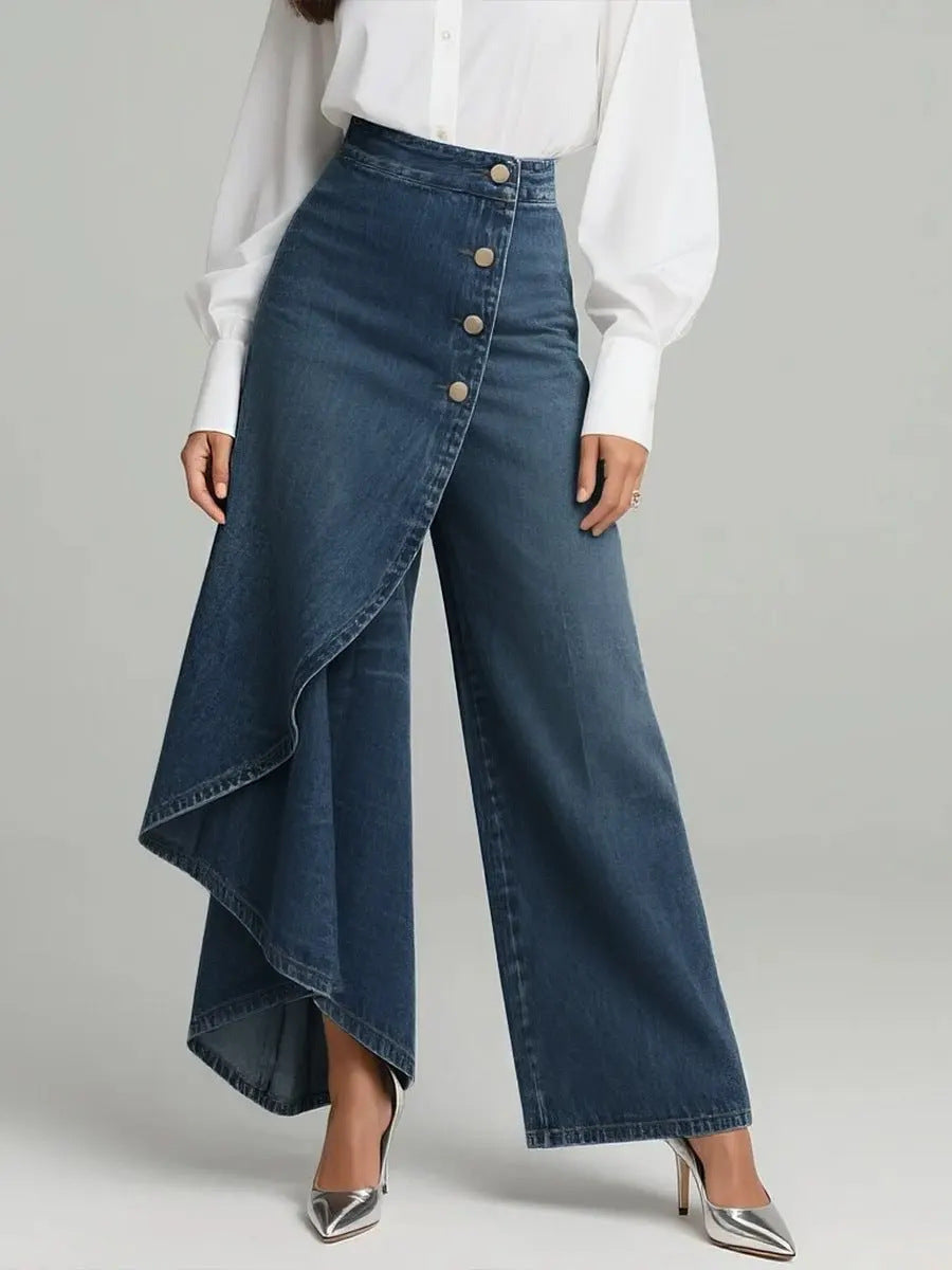 بنطلون نسائي أنيق بأزرار كبيرة | Unique Straight-leg Ruffled Buttons Faux Jeans Women