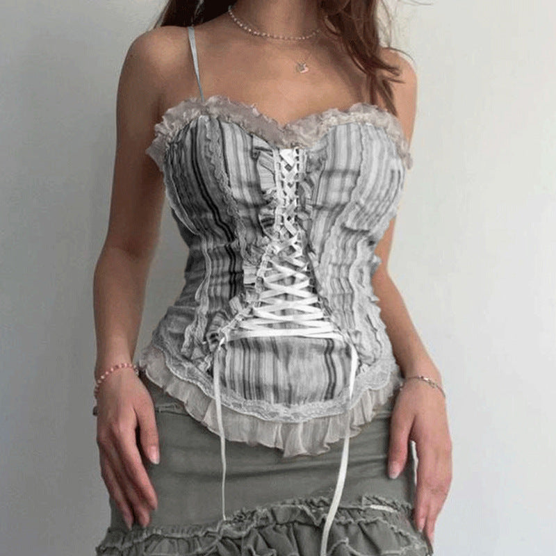 توب نسائي بحمالات ودانتيل عتيق بنمط فرنسي | French Court Style New Vintage Straps Waist Undershirt Lace Lace Splicing Stripes Show Chest Small Sling
