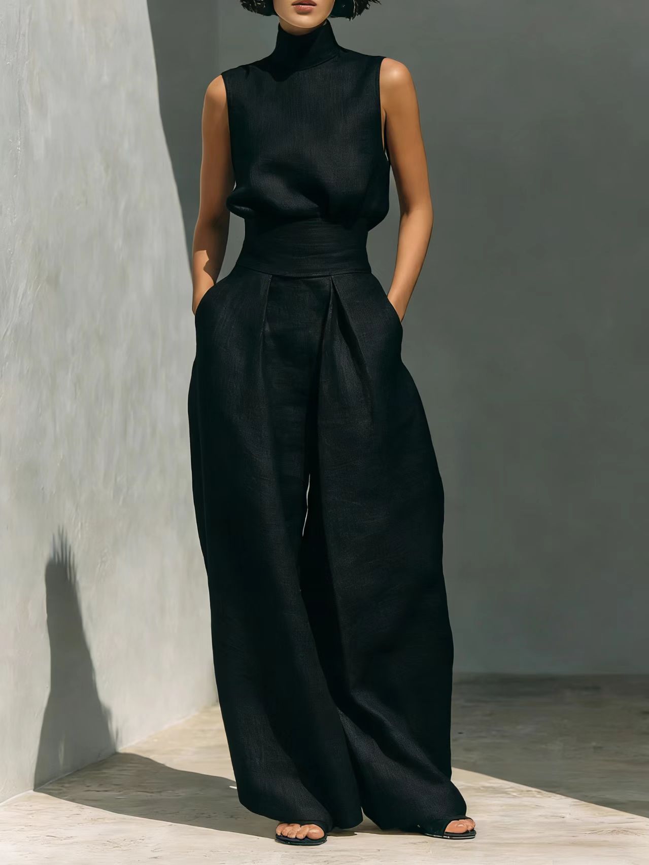 بدلة صيفية كاجوال بدون أكمام بياقة واقفة مع بنطال فضفاض | Casual Sleeveless Suit Summer Stand-up Collar Pullover Top And Loose Straight-leg Trousers