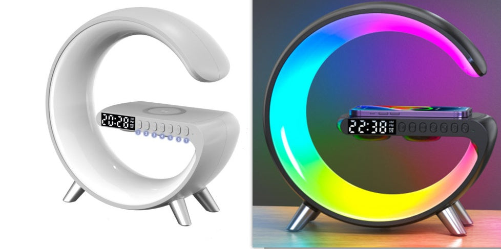 مصباح LED ذكي بشكل G مع سماعة بلوتوث وشاحن لاسلكي وإضاءة جوية بتحكم عبر التطبيق لغرفة النوم وديكور المنزل