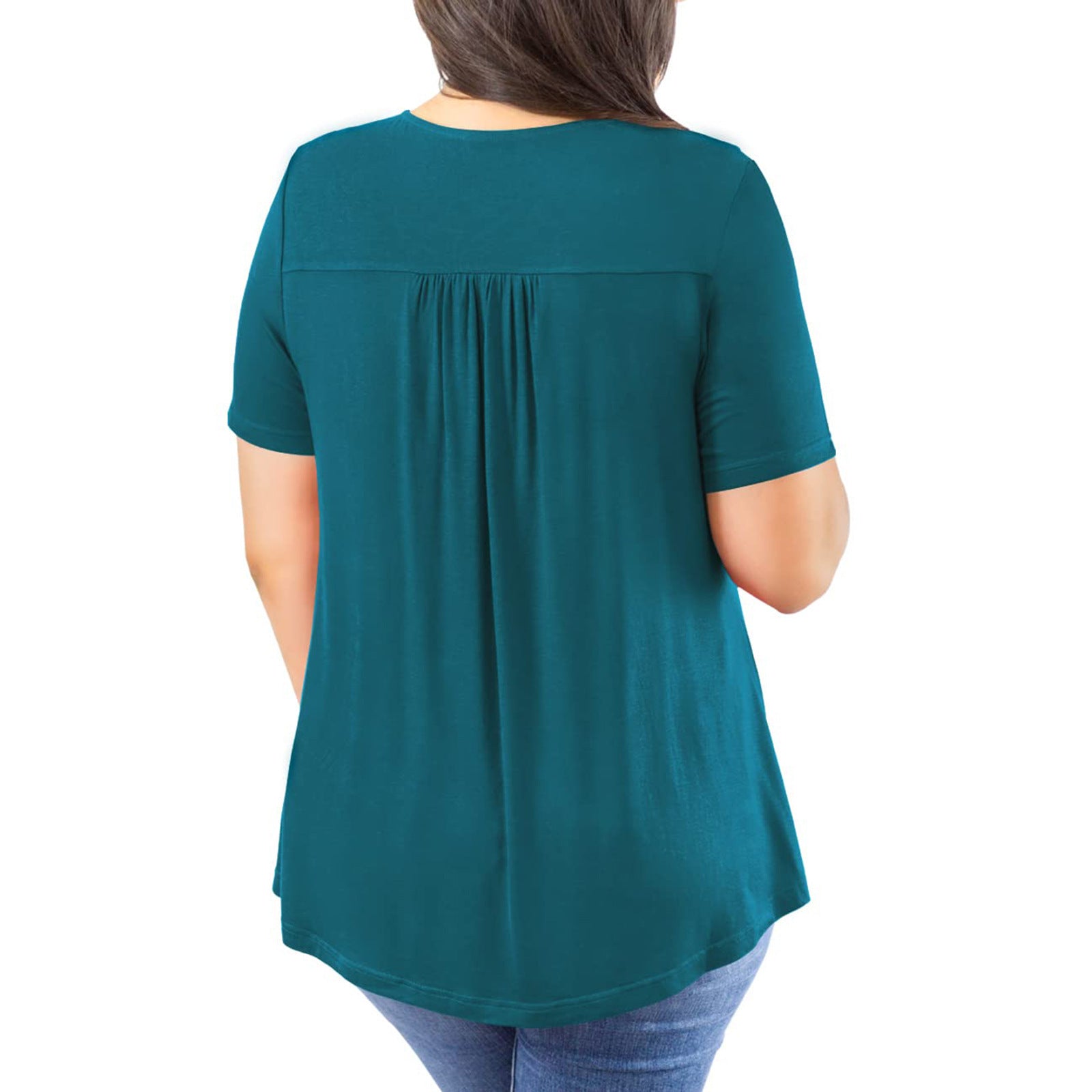 توب نسائي مقاس كبير بأكمام قصيرة ودانتيل مطوي | Women's Plus Size Short Sleeve Pullover Lace Pleated T-shirt Waist Top
