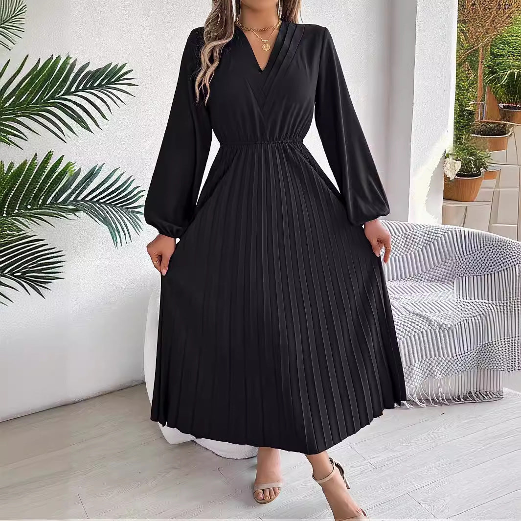 فستان نسائي طويل أنيق مطوي برقبة V وأكمام طويلة | Elegant Womens Long Pleated Dress With A Triple V-Neck Long Sleeves And A Defined Waist