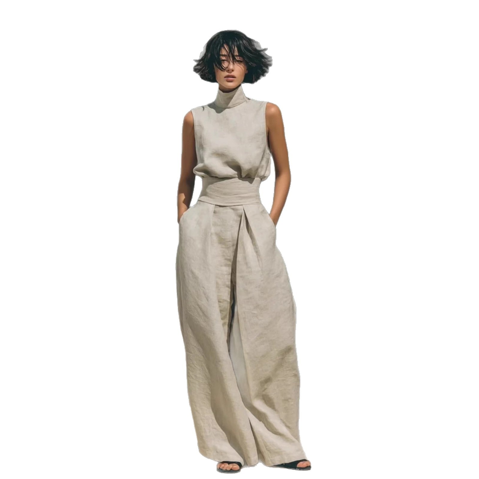 بدلة صيفية كاجوال بدون أكمام بياقة واقفة مع بنطال فضفاض | Casual Sleeveless Suit Summer Stand-up Collar Pullover Top And Loose Straight-leg Trousers