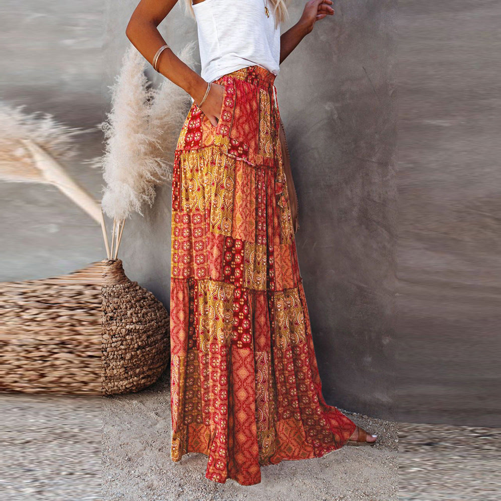 تنورة بوهيمية فضفاضة مطبوعة عالية الخصر | Bohemian-style Loose Casual Printed High-waisted Skirt
