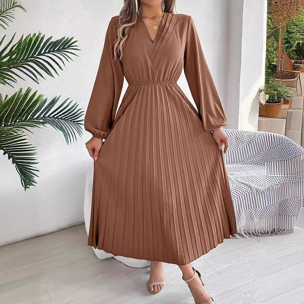 فستان نسائي طويل أنيق مطوي برقبة V وأكمام طويلة | Elegant Womens Long Pleated Dress With A Triple V-Neck Long Sleeves And A Defined Waist