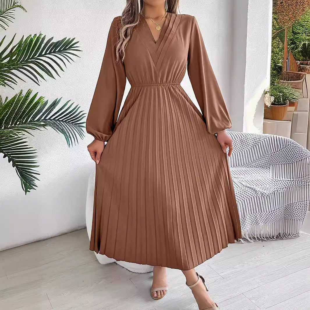 فستان نسائي طويل أنيق مطوي برقبة V وأكمام طويلة | Elegant Womens Long Pleated Dress With A Triple V-Neck Long Sleeves And A Defined Waist