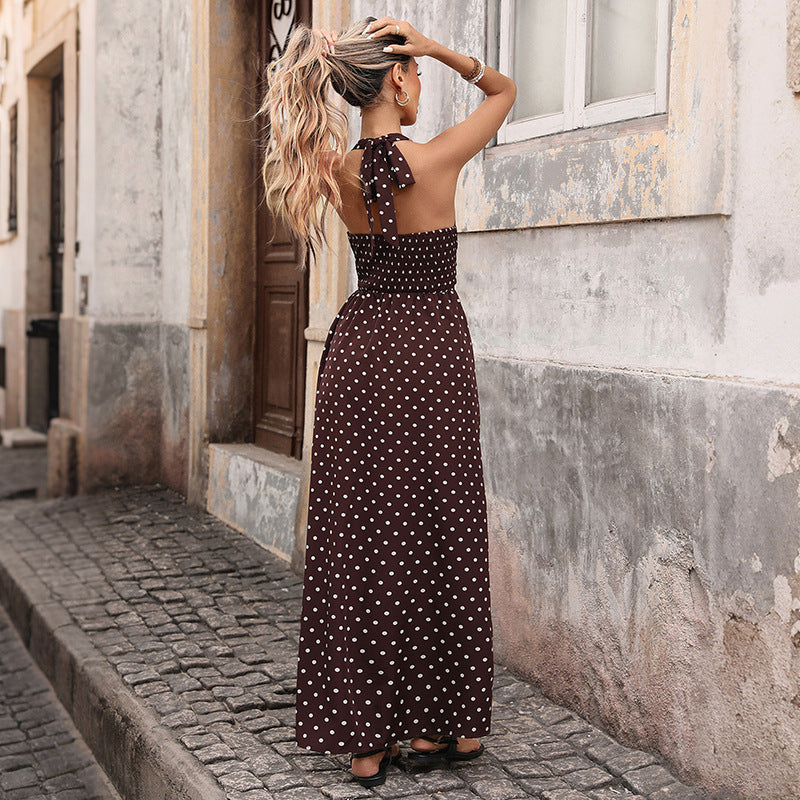 فستان نسائي كاجوال بنقاط طويل بياقة V أنيق عصري | Casual Dot Slim V-neck Long Dresses For Women 2026 Fashion Summer A-Line Midi Dress