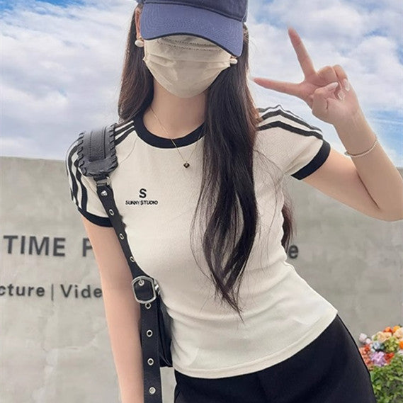تيشيرت نسائي مطرز بياقة مستديرة | Female Bm Hot Girl Waist Embroidered Crew Neck Short Sleeve T-shirt Top