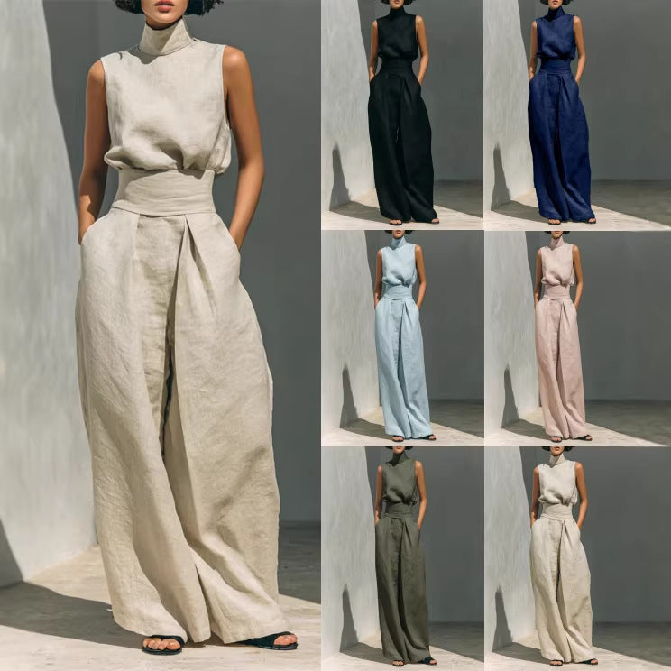 بدلة صيفية كاجوال بدون أكمام بياقة واقفة مع بنطال فضفاض | Casual Sleeveless Suit Summer Stand-up Collar Pullover Top And Loose Straight-leg Trousers