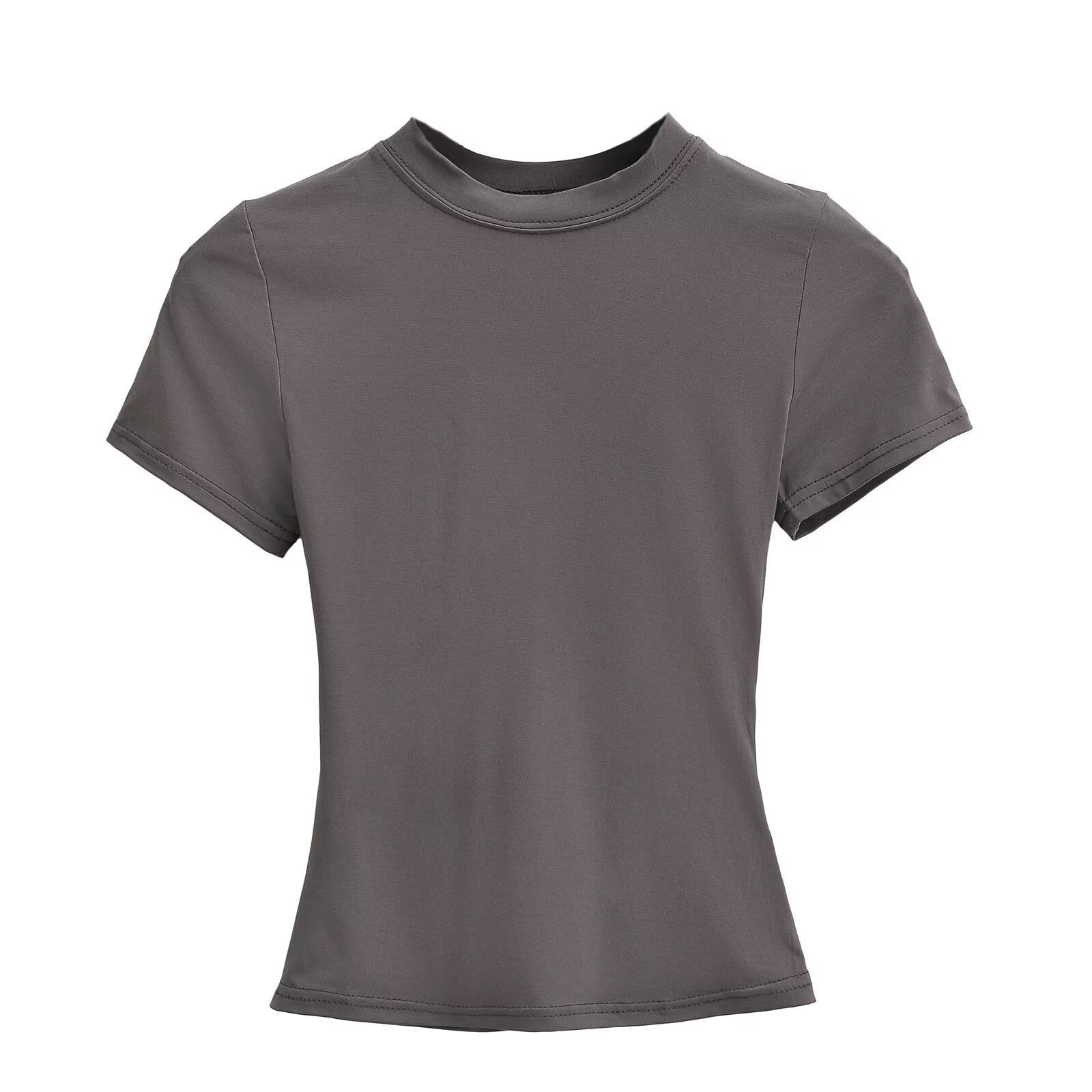 تيشيرت نسائي بياقة مستديرة وأكمام قصيرة | Solid Color Small Round Neck Elastic Shoulder Short Sleeve T-shirt