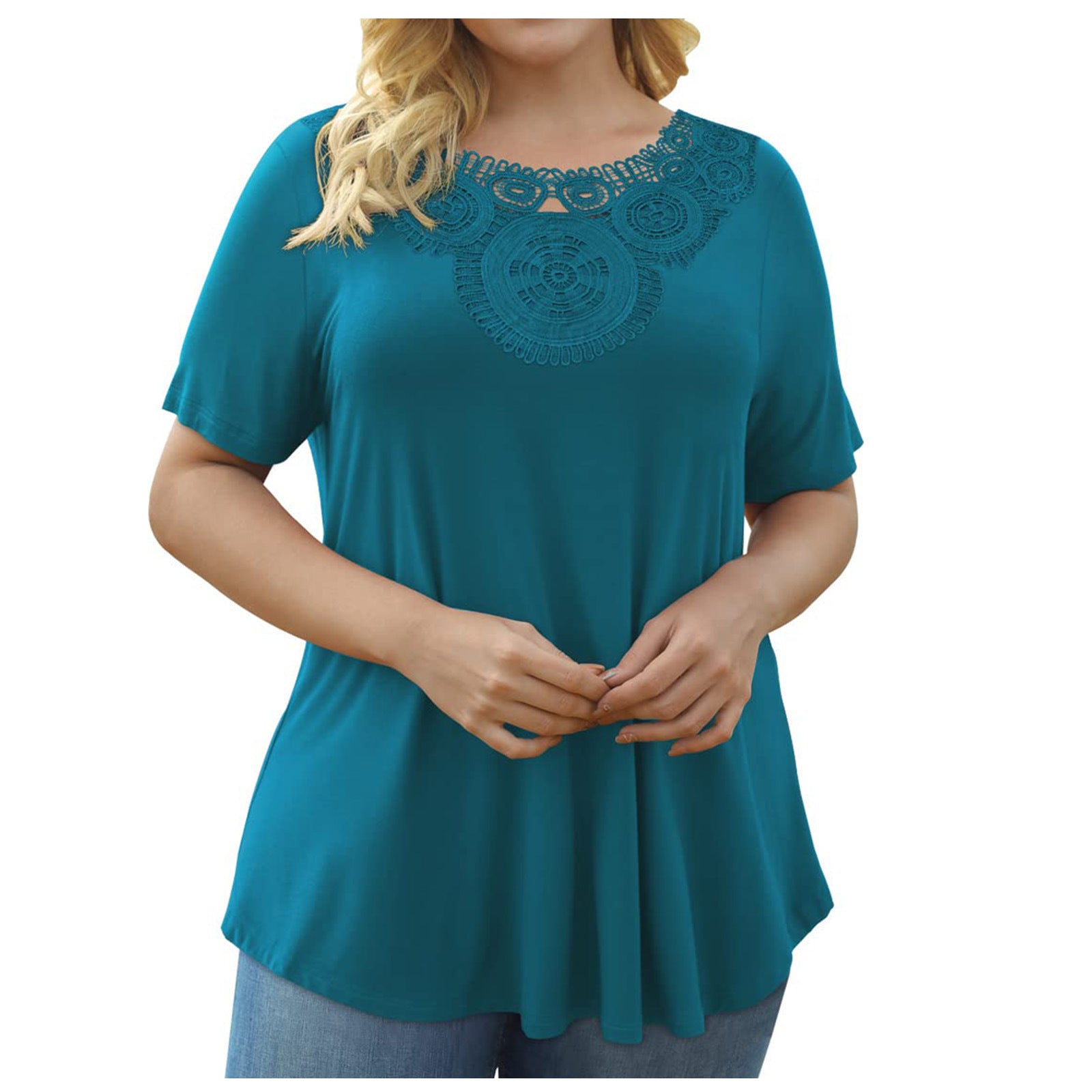 توب نسائي مقاس كبير بأكمام قصيرة ودانتيل مطوي | Women's Plus Size Short Sleeve Pullover Lace Pleated T-shirt Waist Top