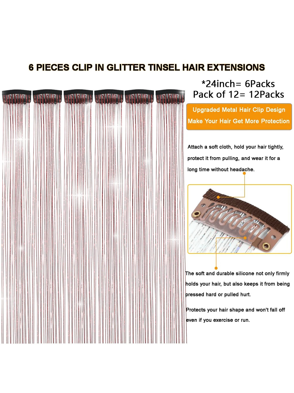 6Pcs Shiny Hair Clips, 23.6 Inch Sequin Hair Extensions Clips, Heat Resistant Glitter Hair Accessories, for Women (Red)